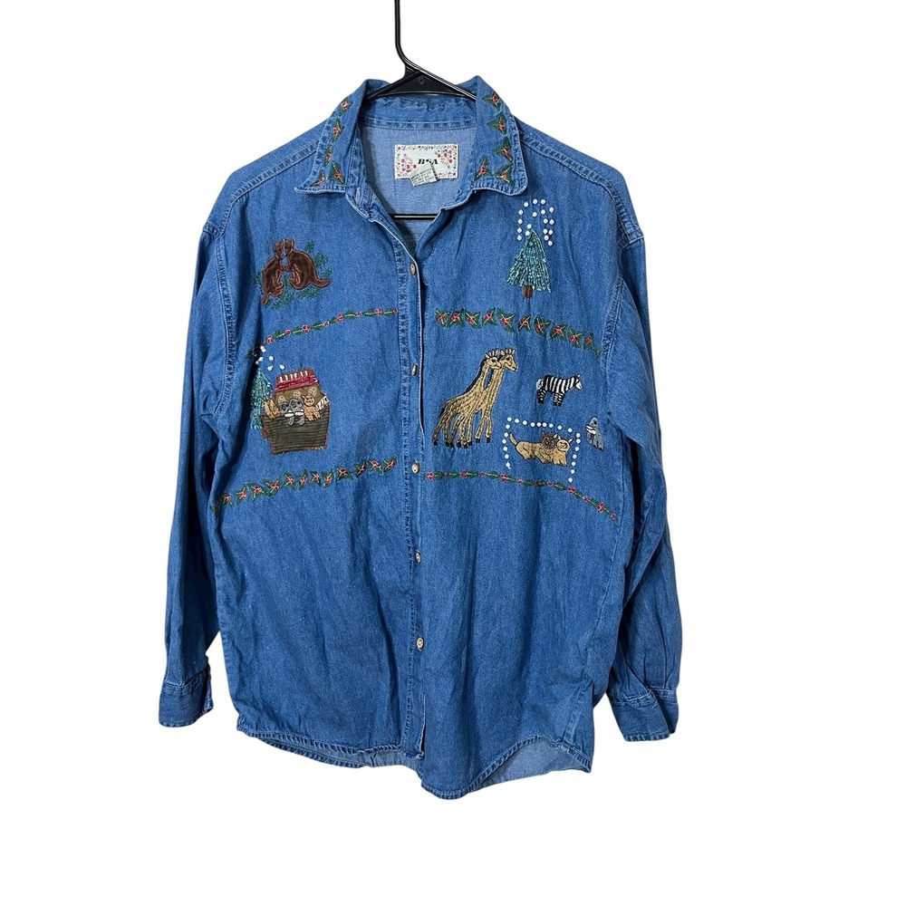 Vintage 90s BSA Embroidered Denim Shirt Noah's Ark Animal Print Medium